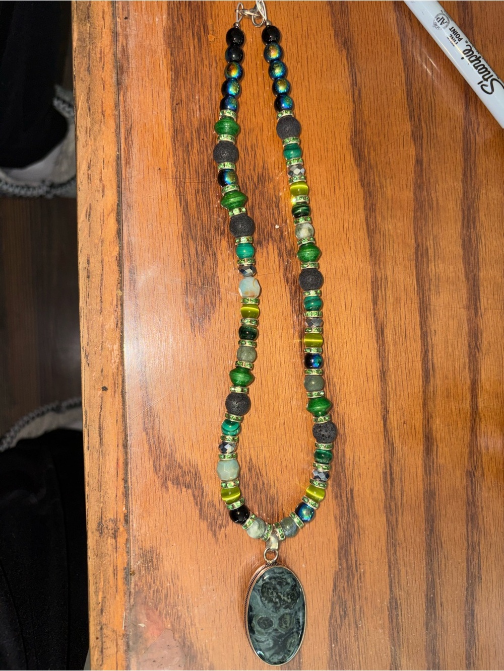 Handcrafted Green Beaded Pendant Necklace 11 1/2 inches
